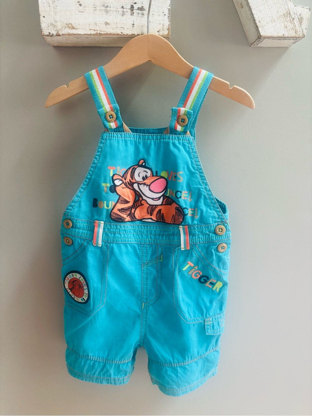 Vintage Disney Baby Tigger Blue Overall Shortall Romper / 12-18 mos